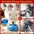 White dog using a blue Roll & Lick bowl secured by suction cups