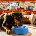 Dog using a blue Roll & Lick bowl with dog-safe pourable treat ideas