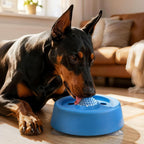 Doberman licking a blue Roll & Lick slow feeder bowl indoors